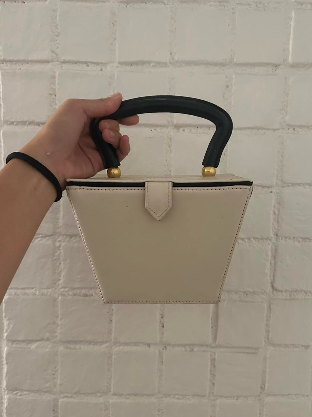 STAUD Cream Mini Top-Handle Bag with Black Handle